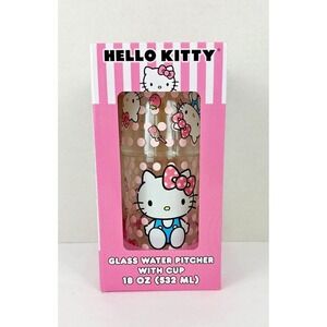 2024 Sanrio Hello Kitty Pink‎ Polka Dot Glass Water Pitcher 18oz & Cup 8oz Stack
